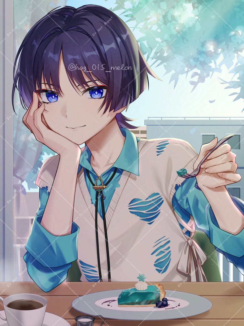 1boy absurdres alternate_costume blue_eyes blue_shirt blue_sleeves blueberry blunt_ends bright_pupils cake cake_slice closed_mouth coffee collared_shirt contemporary cross-laced_sweater_vest cup fingernails food fork fruit gelatin genshin_impact glass_door hag_(hag_015) hair_intakes hand_on_own_face hands_up head_rest highres holding holding_fork incoming_food indoors long_sleeves looking_at_viewer male_focus parted_bangs plate purple_hair scaramouche_(genshin_impact) shirt sliding_doors smile solo steam sweater_vest table twitter_username upper_body watermark watermark_grid whipped_cream white_pupils white_sweater_vest