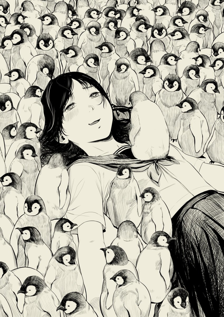 1girl animal animal_on_chest baby_penguin bird blush chick commentary_request flat_chest happy heart heart-shaped_pupils highres lying medium_hair monochrome on_back original penguin school_uniform serafuku skirt solo_focus symbol-shaped_pupils too_many too_many_chicks turiganesou800