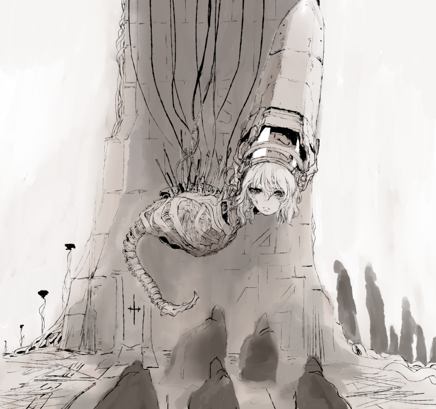 1girl 6+others amputee android celeste_(the_citadel) from_side hatching_(texture) headgear highres looking_at_viewer looking_to_the_side mechabare megrim_haruyo monochrome multiple_others quadruple_amputee ribs robe robot sideways_glance skeleton spine the_citadel