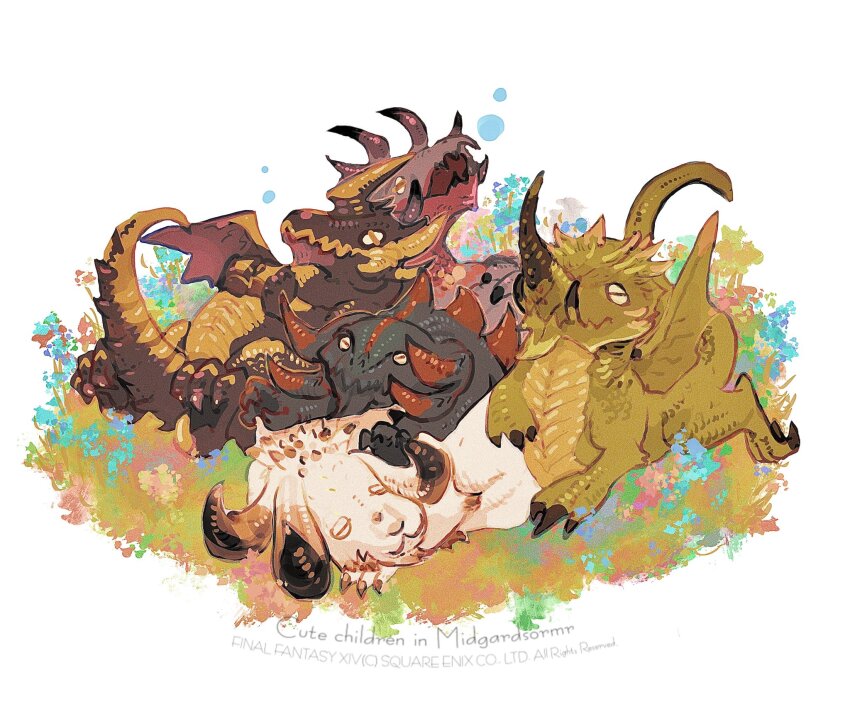 animal_focus bahamut_(final_fantasy) claws closed_eyes company_name copyright_name dragon english_text final_fantasy final_fantasy_xiv full_body highres horizontal_pupils horns hraesvelgr_(ff14) lying monster multiple_horns nidhogg_(ff14) no_humans on_back open_mouth siblings sleeping tail tiamat_(ff14) vrtra_(final_fantasy) wings zerou_pan