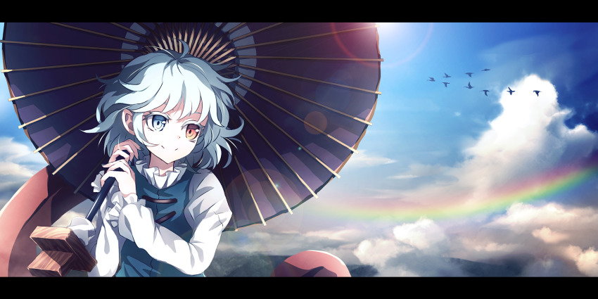above_clouds ahoge animal bird blue_eyes blue_hair blue_nails blue_sky blue_vest bobby_socks closed_eyes cloud cloudy_sky commentary_request dise_(psychoro) frilled_shirt_collar frilled_sleeves frills geta hands_up heterochromia highres holding holding_umbrella juliet_sleeves karakasa_obake lens_flare letterboxed long_sleeves long_tongue looking_away looking_to_the_side messy_hair nail_polish oil-paper_umbrella popped_collar puffy_sleeves purple_umbrella rainbow red_eyes shirt short_hair sidelocks sky smile socks sun tatara_kogasa tongue tongue_out touhou umbrella upper_body v_formation vest white_shirt