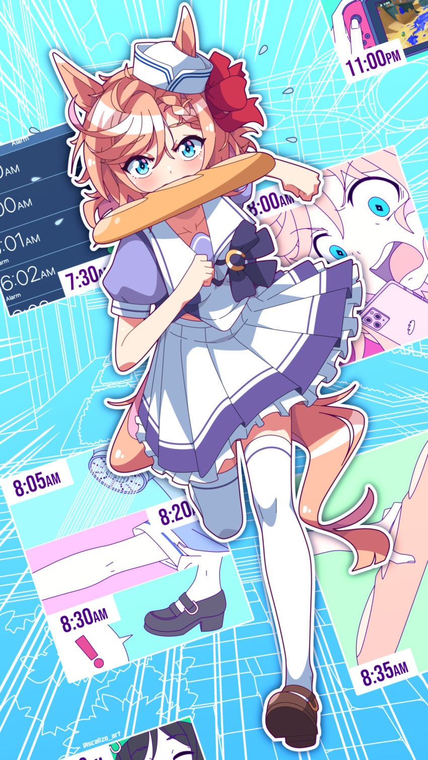 ! 1girl absurdres alternate_costume animal_ears baguette blue_eyes blush bread collarbone commentary_request food food_in_mouth full_body highres horse_ears horse_girl horse_tail light_brown_hair scalizo school_uniform shoes simple_background solo surprised tail thighhighs timestamp tracen_school_uniform umamusume venus_paques_(umamusume)