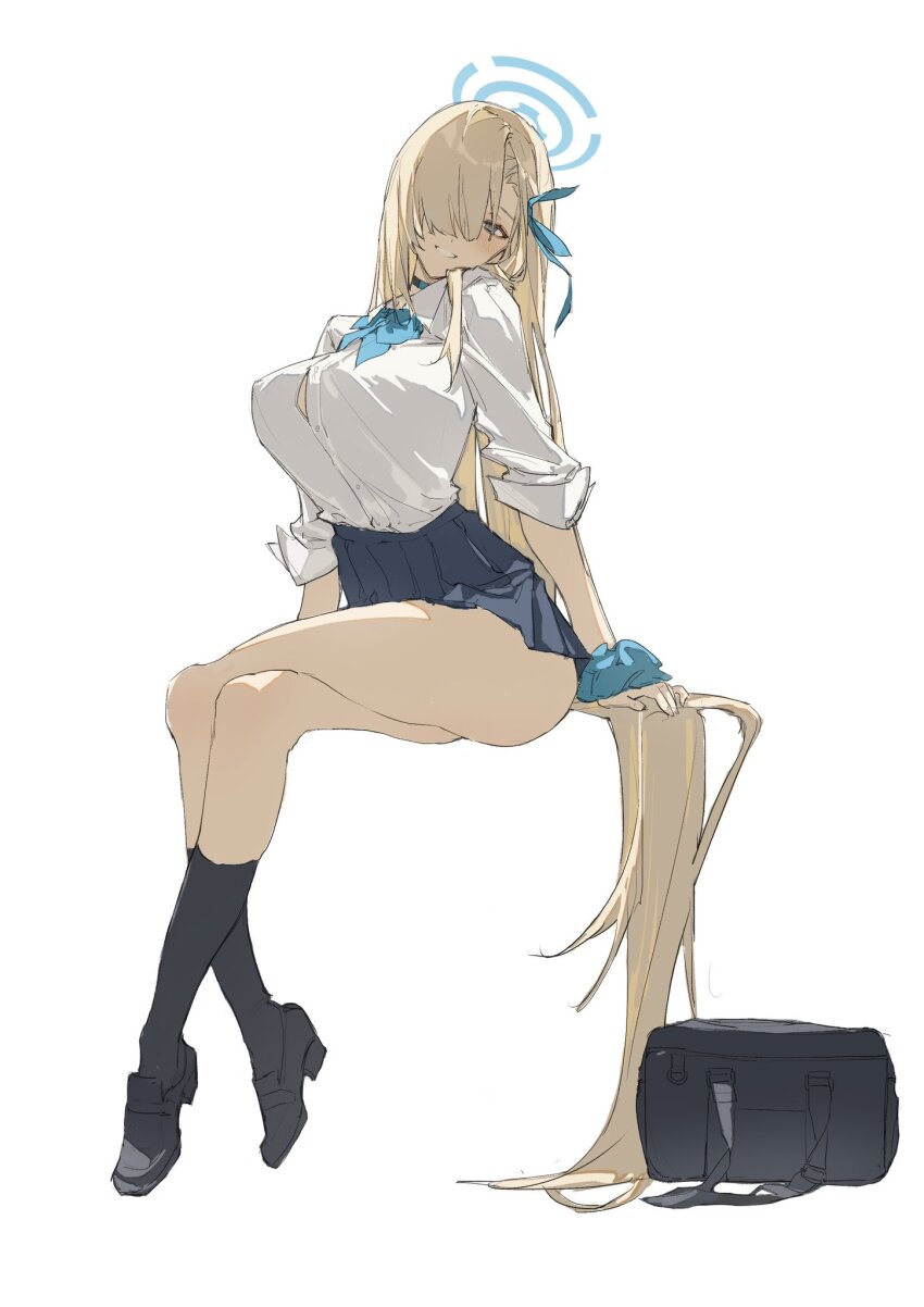 1girl absurdly_long_hair ass asuna_(blue_archive) asuna_(school_uniform)_(blue_archive) bag black_bag black_eyes black_shoes black_skirt black_socks blonde_hair blue_archive blue_bow blue_bowtie blue_halo blue_ribbon blue_scrunchie blush bow bowtie breasts button_gap choker crossed_legs full_body hair_over_one_eye hair_ribbon halo hashtag-only_commentary head_tilt high-waist_skirt highres invisible_chair kneehighs large_breasts loafers long_hair looking_at_viewer no.0_fish official_alternate_costume pleated_skirt ribbon school_bag school_uniform scrunchie shirt shoes simple_background sitting skirt sleeves_rolled_up smile socks solo very_long_hair white_background white_shirt wrist_scrunchie