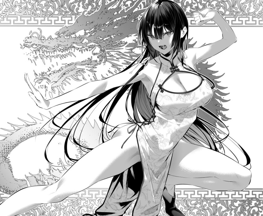 1girl black_hair breasts china_dress chinese_clothes cleavage cleavage_cutout clothing_cutout cross-laced_clothes cross-laced_dress dragon dress fighting_stance floral_print hair_ribbon haite_kudasai_takamine-san hiiragi_yuuichi large_breasts long_hair monochrome open_mouth pelvic_curtain ribbon sleeveless sleeveless_dress takamine_takane