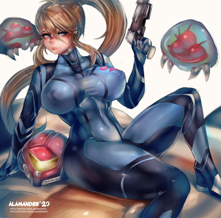 1girl alamander alien ass blonde_hair blue_eyes breasts covered_erect_nipples finger_on_trigger formal_clothes gun h handgun helmet highres large_breasts looking_at_viewer metroid metroid_(creature) mole mole_under_mouth nintendo ponytail samus_aran serious sitting spread_legs suit symbol thick_thighs thighs weapon zero_suit