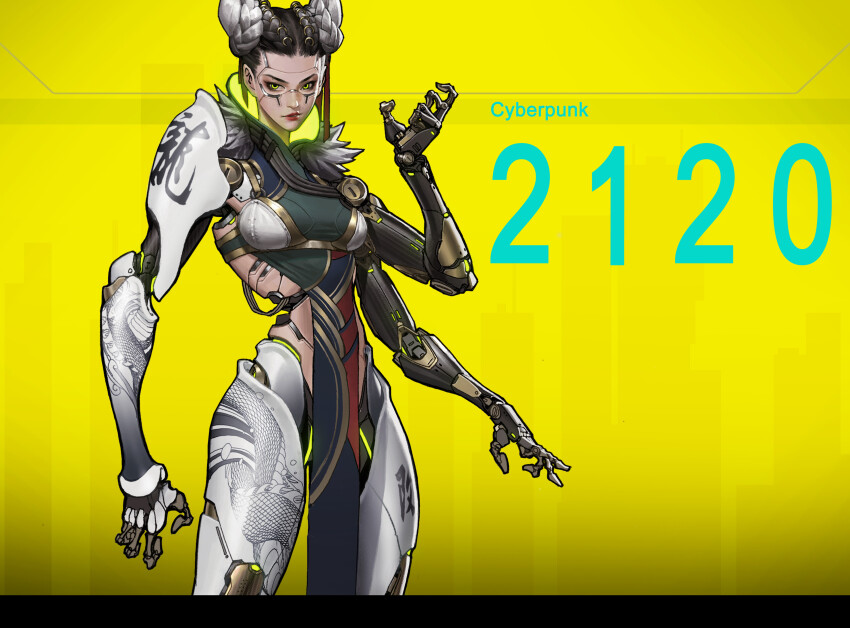 1girl absurdres armor artificial_eye braid breasts cable chinese_text cyber_fashion cyberpunk cyborg double_bun english_text extra_arms hair_bun hair_ornament highres joints lipstick makeup mechabare mechanical_arms mechanical_eye mechanical_hands mechanical_legs medium_breasts original oversized_limbs prosthesis prosthetic_arm prosthetic_leg robot_joints science_fiction simple_background solo white_armor xhr1997919 yellow_background yellow_eyes