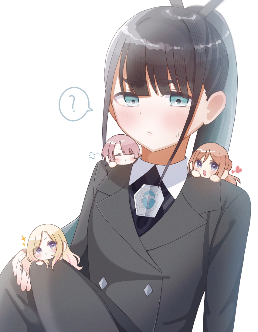 4girls ? absurdres amaya_tsubame arimura_mao black_coat black_hair blonde_hair blush brown_hair chibi coat commentary_request gakuen_idolmaster heart highres himesaki_rinami idolmaster juo_sena long_hair m_(pixiv_98360957) mole mole_under_eye multiple_girls pink_hair ponytail puff_of_air sidelocks simple_background sitting sparkle spoken_question_mark sweatdrop white_background