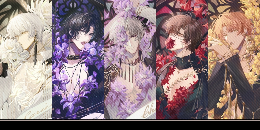 5boys alstroemeria_(flower) angel&#039;s_trumpet aqua_eyes arm_up bespectacled biting black_collar black_hair black_jacket black_shirt bound bound_wrists brown_hair buttons chain character_name charlie_su choppy_bangs clematis_(flower) closed_eyes closed_mouth collar column_lineup covered_mouth cross cross_earrings curtained_hair dog_tags earrings epiphyllum expressionless eyewear_strap flower flower_on_chest flower_ornament flower_over_eye flower_over_mouth glasses gold_choker gold_collar gold_trim green_eyes grey_hair hair_between_eyes hand_up hands_up head_tilt highres holding holding_flower iris_(flower) jacket jacket_on_shoulders jewelry lapels leaf light_and_night_love light_particles long_sleeves looking_at_flowers looking_at_viewer looking_to_the_side lu_chen male_focus mouth_hold multiple_boys neck_tassel one_eye_covered open_clothes open_mouth open_shirt orange_hair parted_bangs parted_lips partially_unbuttoned pectoral_cleavage pectorals petals puffy_long_sleeves puffy_sleeves purple_eyes purple_flower qi_sili red_flower ring semi-rimless_eyewear shawl_lapels shirt short_hair sideways_glance single_earring smile snow234 stained_glass straight-on tassel tassel_earrings teeth under-rim_eyewear upper_body upper_teeth_only white_flower white_hair white_shirt xia_mingxing xiao_yi_(light_and_night_love) yellow_eyes yellow_flower