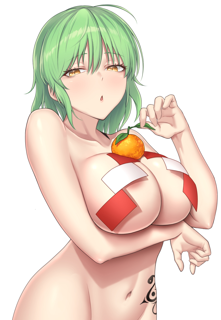 1girl areola_slip arm_under_breasts breasts brown_eyes food fruit green_hair highres hikage_(senran_kagura) hip_tattoo kagami_mochi large_breasts looking_at_viewer mandarin_orange nude senran_kagura simple_background solo upper_body white_background zib_(boriku)