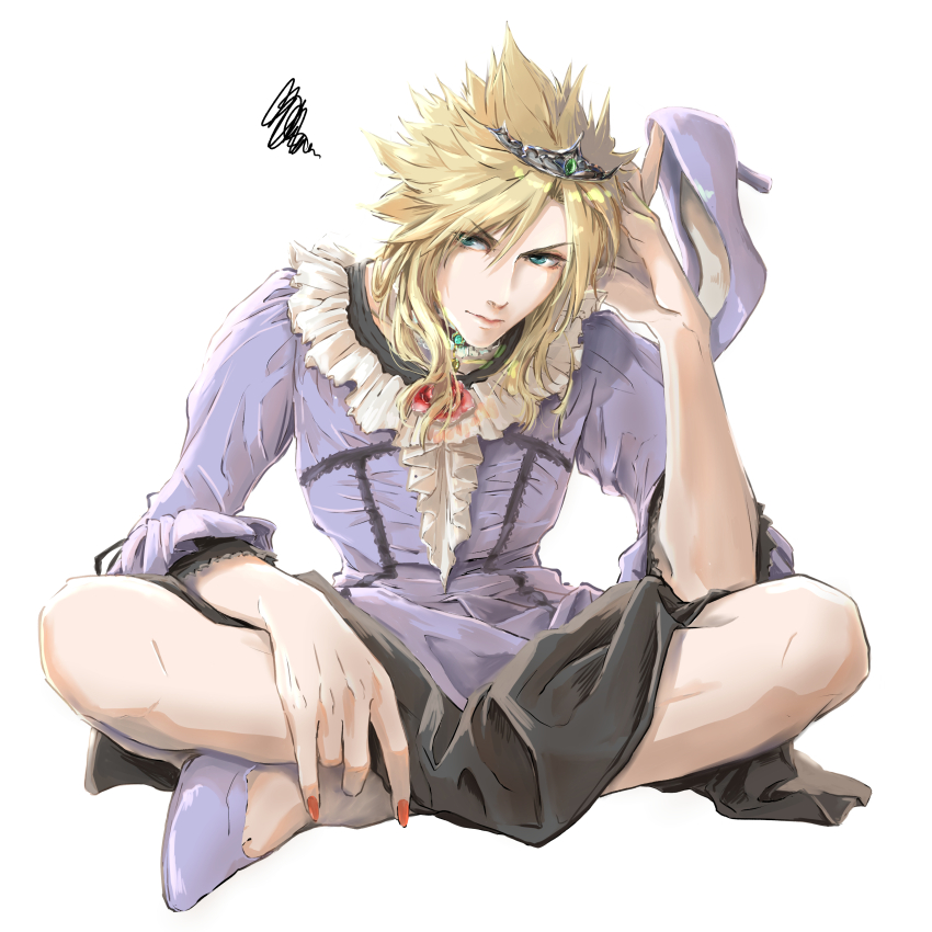 1boy absurdres choker cloud_strife cloud_strife_(ball_gown) crossdressing crossdressing_(mtf) dress final_fantasy final_fantasy_vii final_fantasy_vii_remake hair_between_eyes high_heels highres indian_style male_focus medium_hair official_alternate_costume purple_dress purple_shoes red_nails ribbon_choker shoes single_shoe sitting solo spiked_hair tiara toe_cleavage wavy_hair white_background x_xxx05