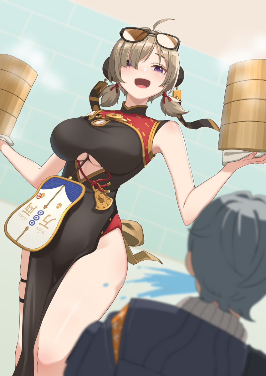 1boy 1girl black_dress breasts china_dress chinese_clothes dress grey_hair highres large_breasts purple_eyes shiroi_ume short_hair sunglasses sweety_(zenless_zone_zero) wise_(zenless_zone_zero) zenless_zone_zero