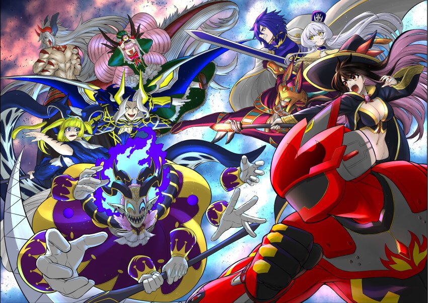 4boys 5girls absurdres amun_(sentai_red_ga_isekai_de_boukensha_ni_naru) armor battle black_coat black_hat blonde_hair blue_armor blue_fire blue_hair bodysuit breasts brown_eyes brown_hair cape character_request cleavage coat extra_arms fire grey_hair group_picture hat highres holding holding_staff holding_sword holding_weapon idola_avorn large_breasts long_hair midriff multicolored_hair multiple_boys multiple_girls nakayoshi_koyoshi navel official_art pink_hair power_armor ranya_(sentai_red_ga_isekai_de_boukensha_ni_naru) red_armor red_bodysuit rosie_mist sentai_red_ga_isekai_de_boukensha_ni_naru staff sword teltina_liz_wagrel_alvarost tokusatsu two-tone_hair weapon white_cape witch_hat yellow_eyes