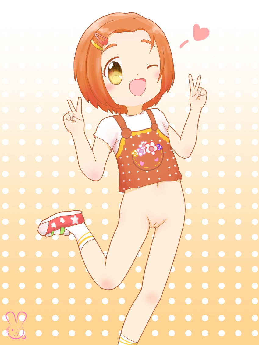 1girl absurdres blush bottomless double_v flat_chest floral_print gradient_background hair_ornament hairclip heart heart_print highres idolmaster idolmaster_cinderella_girls looking_at_viewer navel one_eye_closed open_mouth orange_background pocket polka_dot polka_dot_background polka_dot_shirt print_footwear print_shirt pussy red_footwear red_hair red_shirt ryuzaki_kaoru shirt shoes short_hair short_sleeves sleeveless sleeveless_shirt smile socks standing standing_on_one_leg urameido v white_shirt white_socks wink yellow_eyes