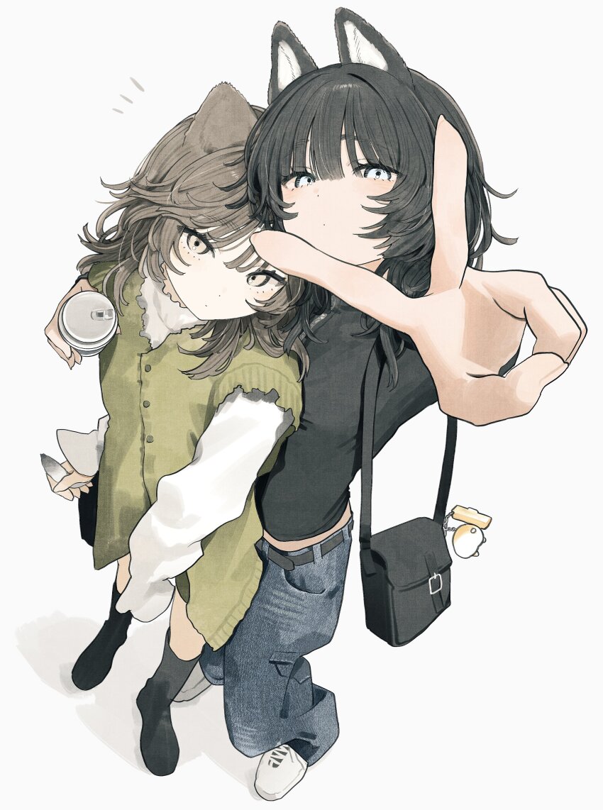2girls absurdres animal_ears black_bag black_boots black_hair black_shirt blue_eyes boots brown_eyes brown_hair buttons charm_(object) closed_mouth denim dot_mouth full_body green_vest highres jeans long_sleeves looking_at_viewer medium_hair multiple_girls original pan-chan_(takaya_riku) pants shadow shirt shoes simple_background takaya_riku v vest white_background white_shirt white_shoes