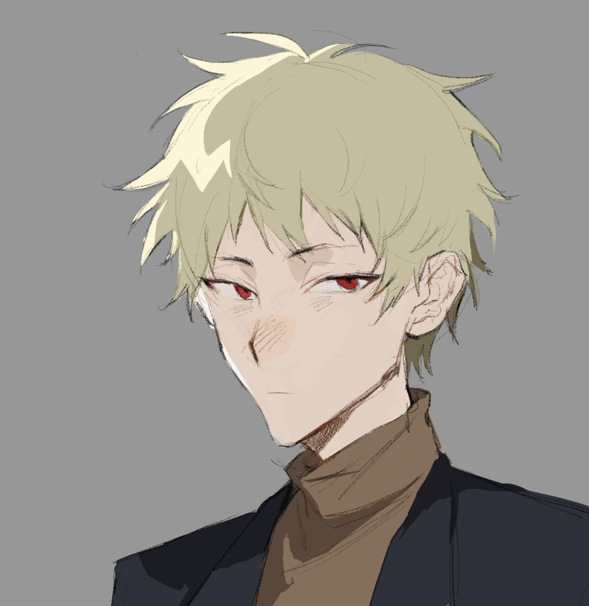 1boy atou_haruki beiquqian black_jacket blonde_hair brown_sweater chinese_commentary closed_mouth commentary_request expressionless grey_background highres jacket male_focus open_clothes open_jacket portrait red_eyes saibou_shinkyoku short_hair simple_background solo sweater turtleneck turtleneck_sweater
