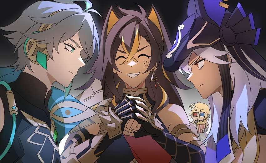 2boys 2girls 3d_glasses alhaitham_(genshin_impact) angduuuu_(ghost) anger_vein animal_hat black_gloves black_hair black_hat closed_eyes closed_mouth commentary crossed_bangs cyno_(genshin_impact) dark-skinned_female dark-skinned_male dark_skin dehya_(genshin_impact) detached_sleeves earrings english_commentary fingerless_gloves flower food genshin_impact gloves green_hair grey_hair grin hair_between_eyes hair_ears hair_flower hair_ornament hat highres jewelry long_hair lumine_(genshin_impact) multicolored_hair multiple_boys multiple_girls orange_hair own_hands_together popcorn red_eyes shirt simple_background single_earring single_fingerless_glove smile sparkle white_hair