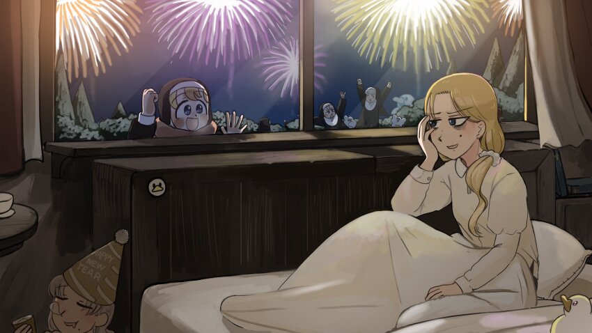 6+girls :d bags_under_eyes bird blonde_hair blue_eyes brown_hair chicken clumsy_nun_(diva) commentary diva_(hyxpk) drooling duck english_commentary fireworks froggy_nun_(diva) grey_hair habit hat highres little_nuns_(diva) long_hair mole mole_on_cheek mole_under_mouth mouth_drool multiple_girls night nightgown nose_bubble nun on_bed open_mouth party_hat sheep_nun_(diva) slice_of_life smile smug_nun_(diva) strict_nun_(diva) traditional_nun triangle_mouth window
