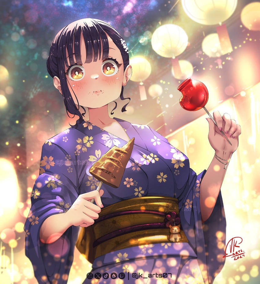 1girl aerial_fireworks artist_name artstation_logo black_hair boku_no_kokoro_no_yabai_yatsu candy_apple eating festival fireworks floral_print food food_on_face ikayaki hair_bun highres instagram_logo japanese_clothes jk_arts kimono looking_at_viewer night outdoors purple_kimono sash skewer solo summer_festival tiktok_logo twitch_logo twitter_username twitter_x_logo wide-eyed yamada_anna yellow_eyes yellow_sash yukata