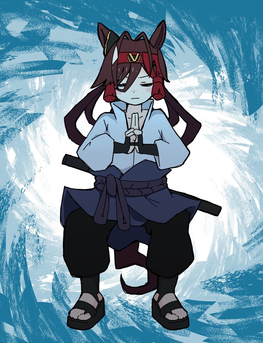 1girl absurdres animal_ears balancing_sasuke blunt_tresses brown_hair closed_eyes cosplay full_body hair_between_eyes headband highres horse_ears horse_girl long_hair mcdonald&#039;s meme naruto_(series) neta no_reason_(umamusume) red_headband solo sudzume uchiha_sasuke uchiha_sasuke_(cosplay) umamusume
