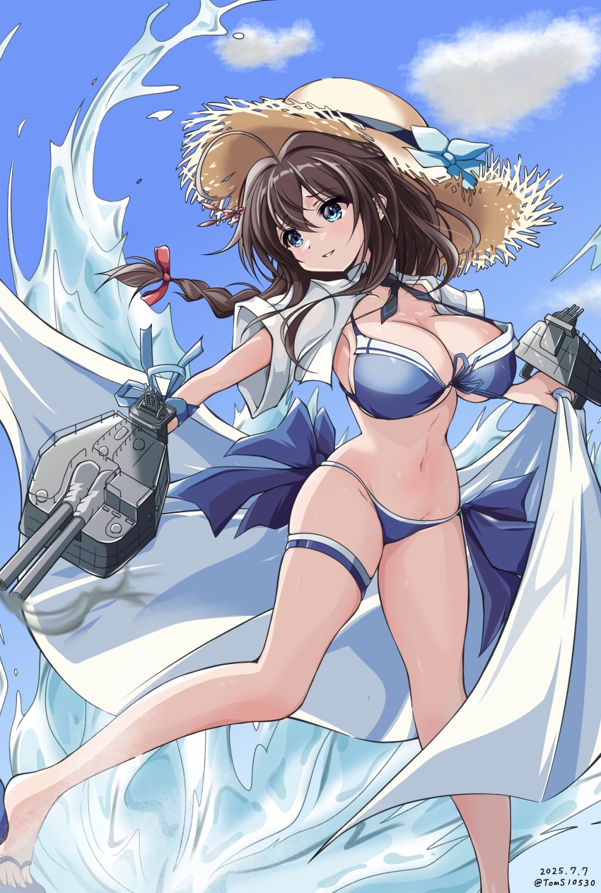 1girl absurdres adapted_turret beach bikini blue_bikini blue_eyes blue_sky braid breasts brown_hair brown_hat cleavage cloud cowboy_shot day flip-flops flower front-tie_bikini_top front-tie_top hair_between_eyes hair_flaps hair_over_shoulder hat hat_flower highres kantai_collection long_hair medium_breasts ocean official_alternate_costume open_clothes open_shirt outdoors sandals sarong shigure_(kancolle) shigure_kai_san_(swimsuit)_(kancolle) shirt side-tie_bikini_bottom single_braid sky solo straw_hat sun_hat swimsuit thigh_strap toms white_shirt