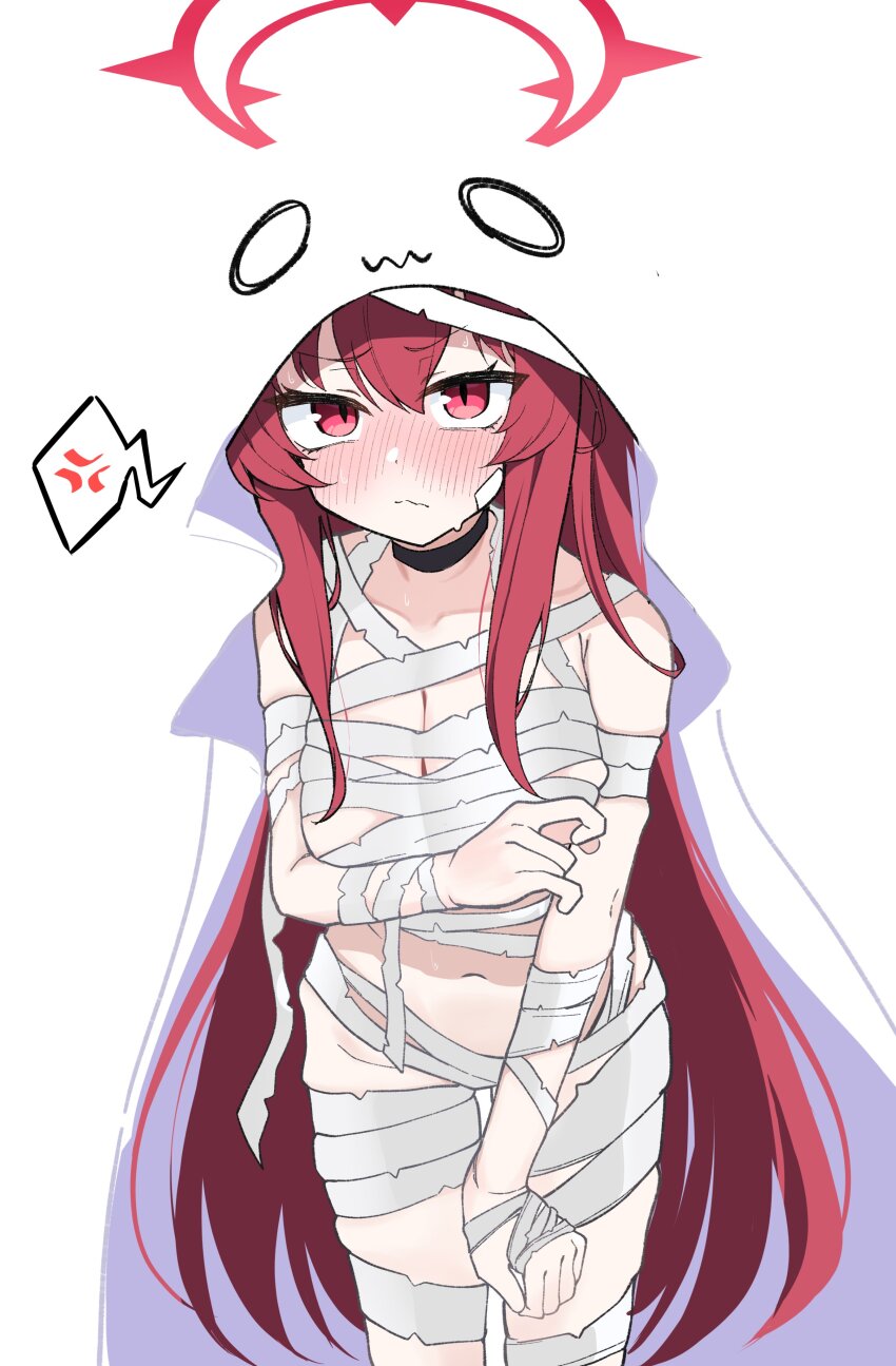 1girl absurdres anger_vein bandage_on_cheek bandage_on_hair bandaged_arm bandaged_chest bandaged_leg bandaged_torso bandages black_choker blue_archive blush breasts choker cleavage commentary embarrassed halloween halloween_costume halo highres large_breasts long_hair looking_at_viewer mummy mummy_costume naked_bandage navel rabu_(blue_archive) red_eyes red_hair red_halo sheet_ghost shiroron_mochi simple_background solo speech_bubble spoken_anger_vein stomach sweat very_long_hair white_background