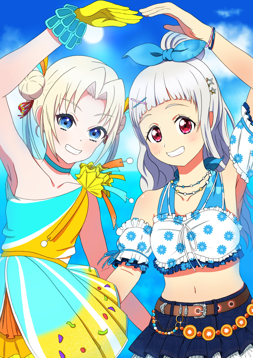 2girls absurdres alternate_hairstyle arashi_chisato arched_bangs arm_up armpits belt blonde_hair blue_choker blue_dress blue_eyes blue_hair blue_skirt blue_sky breasts brown_belt choker cloud collarbone cosplay costume_switch cowboy_shot curtained_hair day denim denim_skirt detached_sleeves double_bun dress frilled_dress frilled_shirt frilled_sleeves frills gloves gradient_hair grin hair_bun hair_ornament hairclip hairstyle_switch highres light_blue_hair link!_like!_love_live! litecolors_radi long_hair looking_at_viewer love_live! love_live!_superstar!! midriff miniskirt multicolored_hair multiple_girls natsumeki_pain navel osawa_rurino parted_bangs puffy_short_sleeves puffy_sleeves red_eyes shirt short_sleeves sidelocks single-shoulder_dress single_side_bun skirt sky sleeveless sleeveless_shirt small_breasts smile star_(symbol) star_hair_ornament tokonatsu_sunshine twintails virtual_youtuber white_hair white_shirt x_hair_ornament yellow_dress yellow_gloves