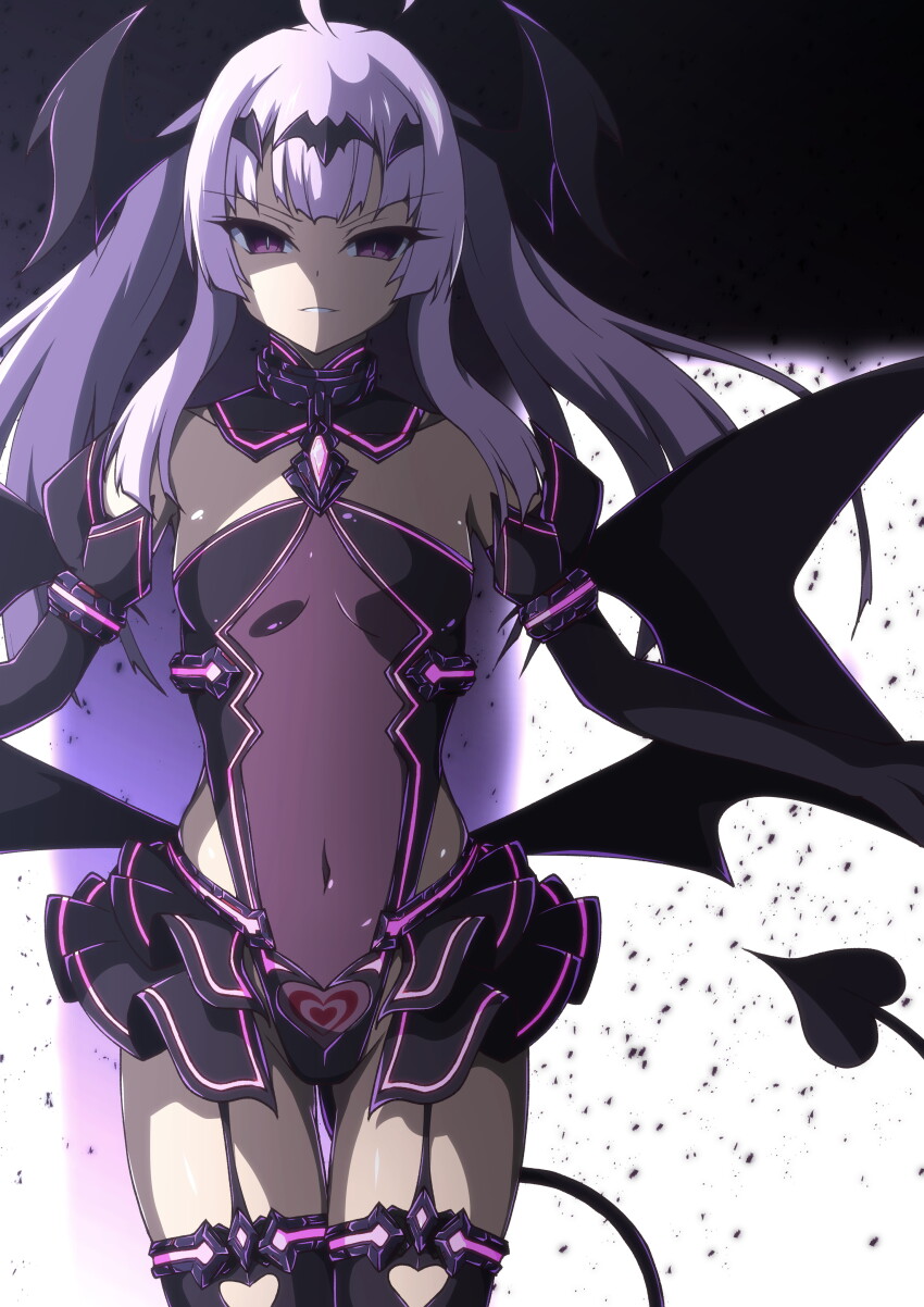 1girl absurdres ahoge amakubo_yuri aoi_tabane bare_shoulders black_gloves black_skirt black_thighhighs black_wings blunt_bangs breasts bright_pupils clothing_cutout corruption covered_navel cowboy_shot dark_persona demon_girl demon_tail demon_wings detached_collar elbow_gloves garter_straps gloves glowing_tattoo gluteal_fold hair_ornament heart heart_tattoo highleg highres kouyoku_senki_exs-tia leotard liberator_(kouyoku_senki_exs-tia) liberator_yuri_(kouyoku_senki_exs-tia) long_hair looking_at_viewer low_wings microskirt navel parted_lips pubic_tattoo purple_eyes purple_hair see-through_clothes sidelocks skirt small_breasts solo standing tail tattoo thigh_gap thighhighs v-shaped_eyebrows wings