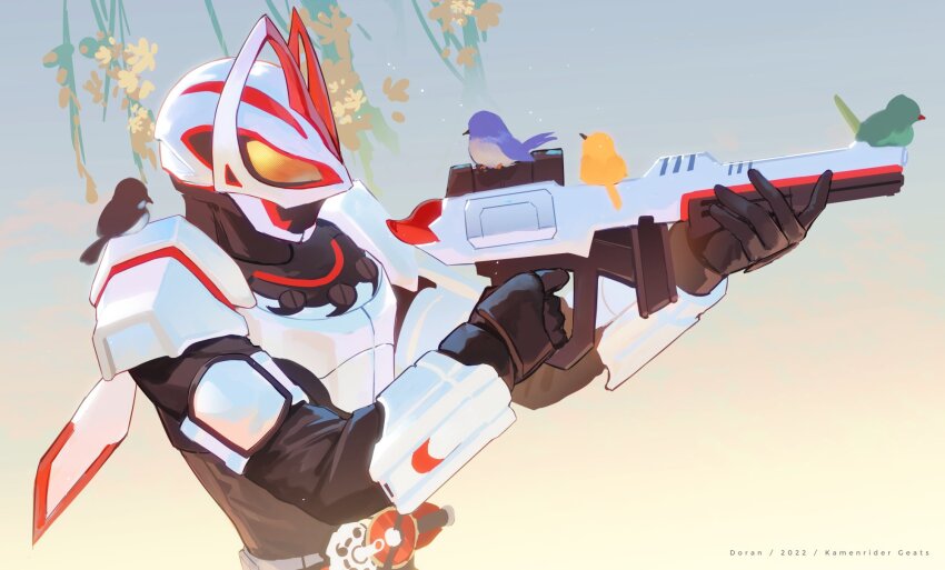 1boy aiming animal animal_ears animal_on_shoulder armor bird bird_on_shoulder black_bodysuit black_gloves bodysuit commentary_request desire_driver doran_(doran7280) rider_belt energy fox fox_ears fox_tail from_side gauntlets gloves gun hand_gesture highres holding holding_gun holding_weapon kamen_rider kamen_rider_geats kamen_rider_geats_(series) looking_at_viewer magnum_boost magnum_buckle magnum_shooter_40x male_focus nature rider_belt scarf tail tokusatsu tree upper_body vambraces weapon white_armor white_scarf