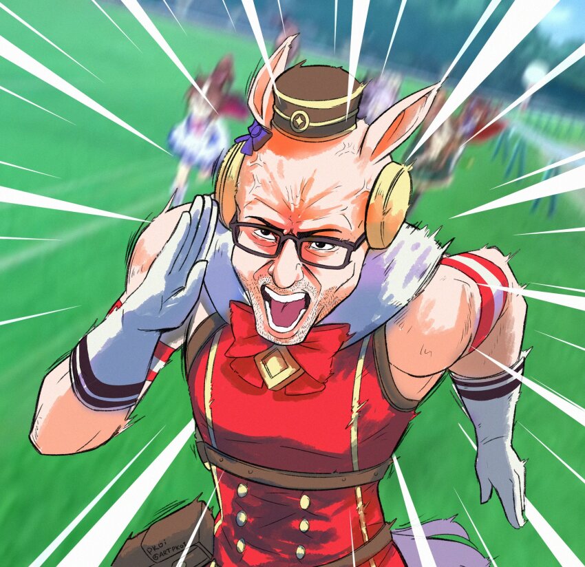 1boy anger_vein animal_ears blurry blurry_background bow bowtie dress ear_covers ear_ornament ear_ribbon glasses gloves gold_ship_(umamusume) highres horse_ears horse_tail northernlion open_mouth pillbox_hat pkoi real_life red_bow red_bowtie red_dress symboli_rudolf_(umamusume) tail tokai_teio_(umamusume) umamusume white_gloves