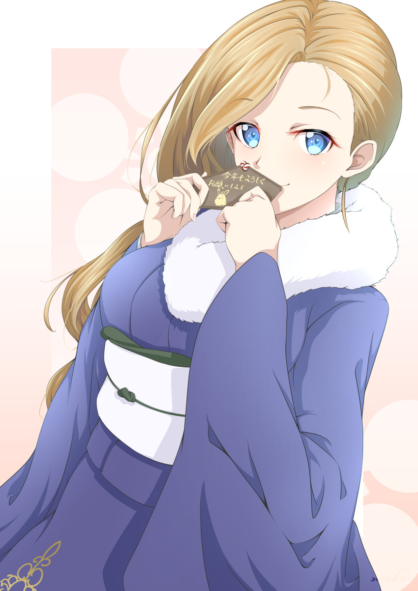 1girl absurdres animal_ears azur_lane blonde_hair blue_eyes chinese_zodiac cowboy_shot ema fur-trimmed_kimono fur_trim highres holding_ema hood_(azur_lane) hood_(porcelain_grace)_(azur_lane) japanese_clothes kimono looking_at_viewer madakov_kodima manjuu_(azur_lane) official_alternate_costume rabbit_ears smile year_of_the_rabbit