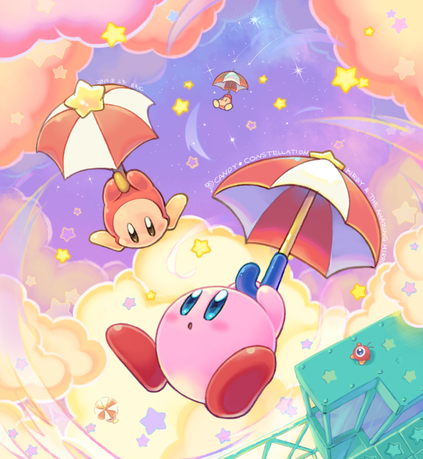 blush_stickers copyright_name eric_flay highres holding holding_umbrella in-universe_location kirby kirby_(series) kirby_and_the_amazing_mirror looking_at_another looking_up nintendo no_humans one-eyed purple_sky shooting_star sky star_(sky) star_(symbol) umbrella waddle_dee waddle_doo