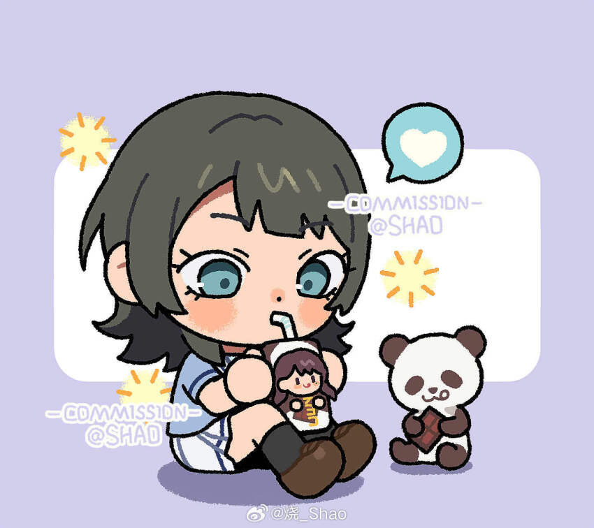 1girl bang_dream! bang_dream!_it&#039;s_mygo!!!!! black_hair black_socks blue_eyes blue_shirt brown_shoes carton chinese_commentary commentary_request commission drinking_straw drinking_straw_in_mouth hanasakigawa_school_uniform highres medium_hair panda school_uniform shao_(shaorouhong) shiina_taki shirt shoes short_sleeves skirt socks solo watermark weibo_watermark white_skirt yahata_umiri
