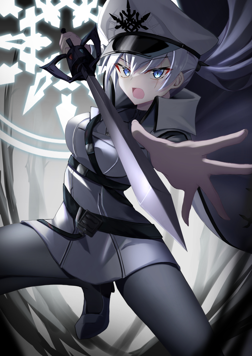 1girl absurdres arm_up belt black_belt black_footwear black_pantyhose blue_eyes breasts cape commentary dress english_commentary floating_cape floating_hair foot_out_of_frame glyph grey_background hair_between_eyes hair_tie hand_up hat hat_ornament high_heels highres holding holding_sword holding_weapon incoming_attack jiseki_rena large_breasts long_hair long_sleeves looking_at_viewer military military_hat military_uniform multiple_belts myrtenaster official_alternate_costume open_hand open_mouth outstretched_arm pantyhose ponytail reaching reaching_towards_viewer rwby rwby_ice_queendom sanpaku scar scar_across_eye scar_on_face sidelighting sidelocks sleeves_past_wrists snowflake_background snowflake_hat_ornament solo squatting sword tiptoes tongue v-shaped_eyebrows weapon weiss_schnee white_cape white_dress white_hair white_hat