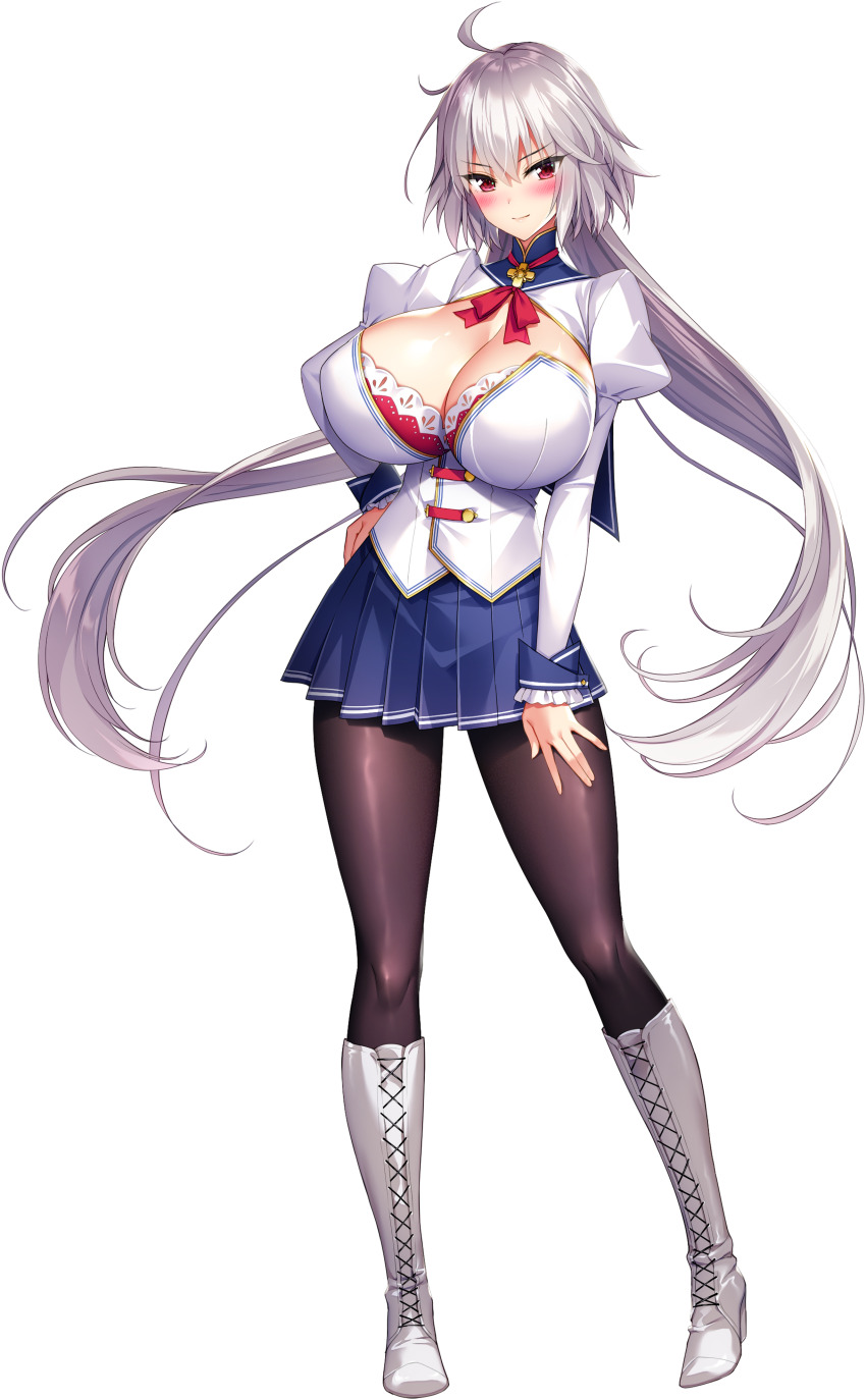 1girl absurdres ahoge ankle_boots black_pantyhose blue_skirt blush boots breasts cleavage closed_mouth derauea full_body game_cg grey_hair hand_on_own_hip hand_on_own_thigh high_heels highres huge_breasts juliet_sleeves liescha long_hair long_sleeves look-alike looking_at_viewer low_twintails milk_factory motto!_haramase!_honoo_no_oppai_chou_ero_appli_gakuen! neck_ribbon non-web_source official_art pantyhose pleated_skirt puffy_sleeves red_eyes red_ribbon ribbon school_uniform shirt skirt sprite tachi-e transparent_background twintails very_long_hair white_boots white_shirt
