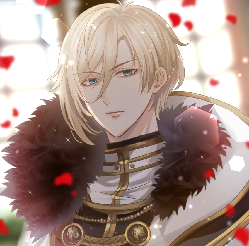 1boy bishounen blue_eyes blurry blurry_background chevalier_michel fur_trim gold_trim hair_between_eyes ikemen_prince indoors looking_at_viewer male_focus petals portrait serious solo window y_(pixiv69889180)