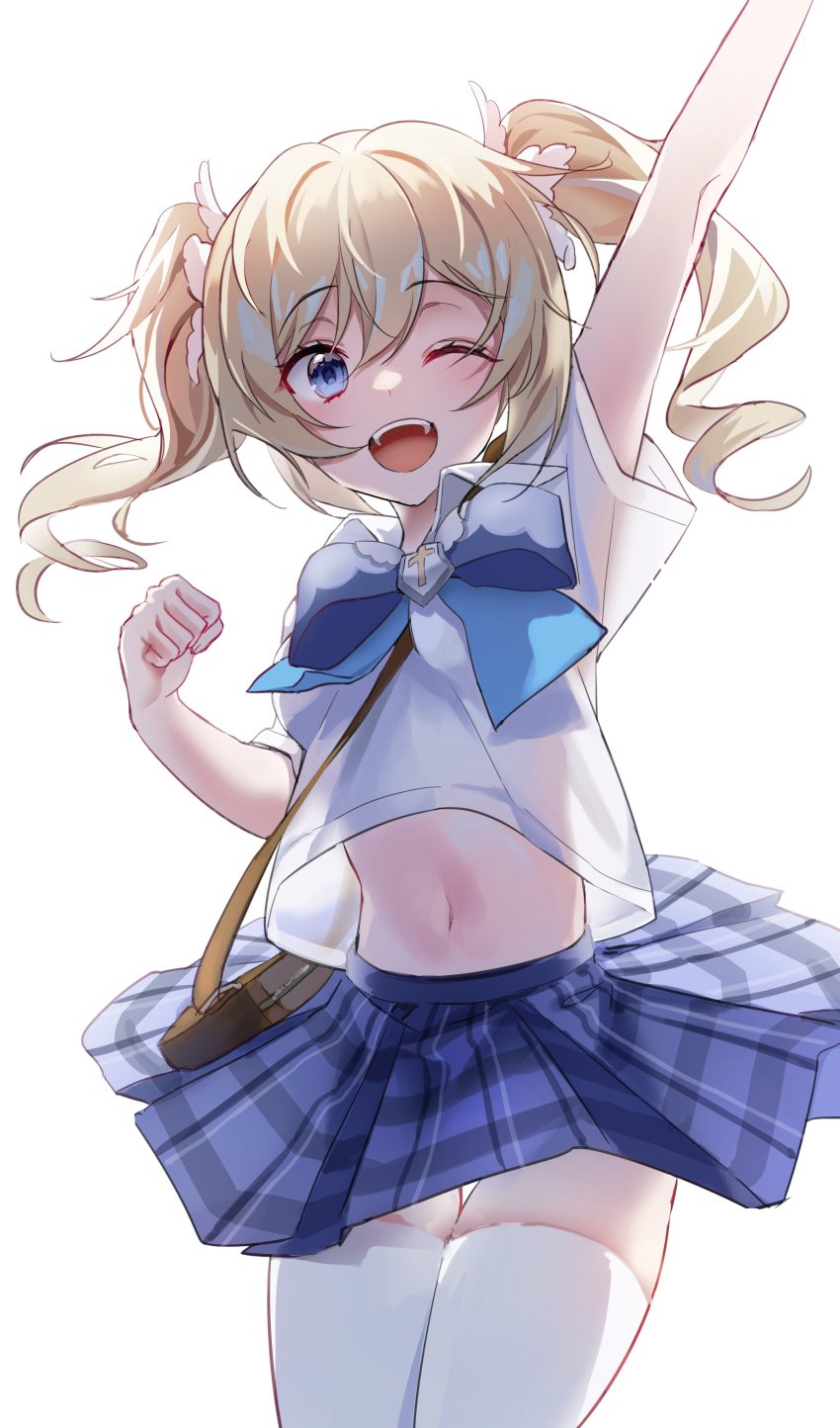 1girl ;d absurdres arm_up bag barbara_(genshin_impact) blonde_hair blue_eyes blue_skirt bow bowtie cowboy_shot cross genshin_impact hand_up highres looking_at_viewer midriff nagul navel one_eye_closed open_mouth plaid_clothes plaid_skirt school_uniform short_sleeves simple_background skirt smile solo white_background