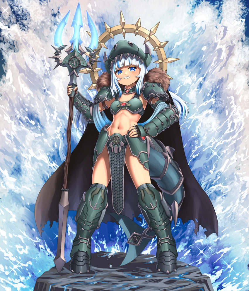 1girl absurdres adapted_costume animal_costume animal_hood armor armored_boots atlantis bikini bikini_armor blue_eyes blue_sash blue_streaks blunt_bangs boots bracer cape chainmail commission commissioner_upload crossover doom:_the_dark_ages doom_(series) doom_eternal energy_weapon fantasy fins fish_tail fur_collar gawr_gura gold gold_halo green_armor halo halo_behind_head happy highres hip_armor holding holding_polearm holding_staff holding_weapon hood huge_weapon loincloth multicolored_hair ocean polearm queen sash science_fiction shark shark_costume shark_girl shark_hood shark_tail sharp_teeth shoulder_armor sidelocks smile spiked_halo staff substance20 swimsuit tail teeth trident water waves weapon white_hair