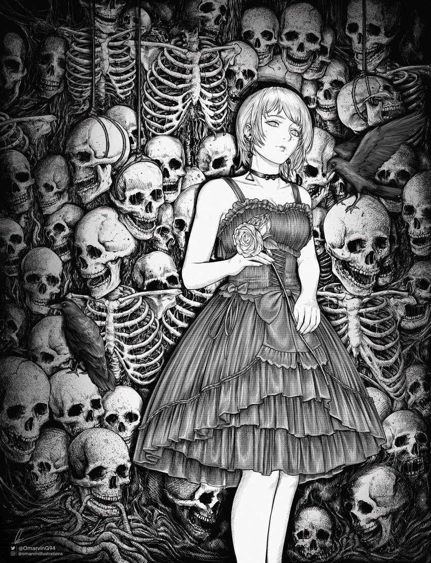 1girl absurdres artist_name bare_arms bare_shoulders bird black_background black_choker black_dress bow chainsaw_man choker collarbone crow dress ear_piercing earrings fami_(chainsaw_man) floating_earrings flower greyscale highres holding holding_flower intestines jewelry legs lipgloss looking_at_viewer marvin_(omarvin) mole mole_under_eye mole_under_mouth monochrome piercing ringed_eyes rope rose short_dress short_hair sidelocks signature skeleton skull solo