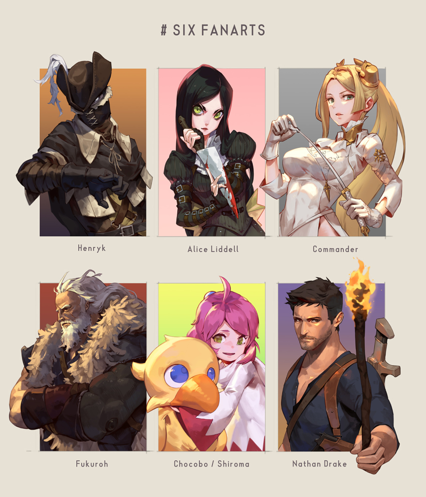 3boys 3girls ahoge alice:_madness_returns alice_liddell_(american_mcgee&#039;s_alice) american_mcgee&#039;s_alice arm_belt bandaged_arm bandages beard belt belt_buckle black_gloves black_hair blonde_hair blood bloodborne bloody_knife blue_eyes brown_eyes brown_headwear buckle chocobo closed_mouth commander_(nier:automata) covered_navel crossed_arms english_text facial_hair feather_trim feathers final_fantasy fingerless_gloves fingernails fire gloves glowing glowing_eye gradient_background great_shinobi_owl green_eyes grey_background gun handgun hat hat_feather henryk_(bloodborne) highres holding holding_knife holding_riding_crop holding_torch holding_weapon holding_whip holster holstered jiro_(ninetysix) knife long_hair medium_hair multiple_boys multiple_drawing_challenge multiple_girls muscular nathan_drake nier:automata nier_(series) open_mouth pink_hair pistol ponytail puffy_sleeves red_lips riding_crop scar scar_on_face sekiro:_shadows_die_twice simple_background six_fanarts_challenge smile stubble torch uncharted weapon weapon_on_back whip white_eyes white_gloves white_hair white_mage_(final_fantasy)