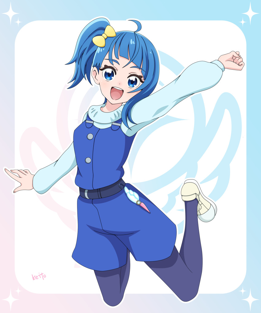 1girl :d absurdres ahoge alternate_costume anime_coloring arm_up artist_name belt black_belt blue_border blue_eyes blue_hair blue_overalls blue_pantyhose blue_sweater border bow breasts buttons clenched_hand commentary cut_bangs dot_nose four-pointed_star full_body gradient_border hair_bow highres hirogaru_sky!_precure legs_up light_blush long_sleeves looking_at_viewer medium_hair midair mirage_pen multicolored_border official_alternate_costume open_mouth outside_border overall_shorts overalls pantyhose pink_border ponytail precure round_teeth sakuragawa3710 shoes side_ponytail small_breasts smile solo sora_harewataru star_(symbol) star_border sweater teeth upper_body white_background winter_clothes yellow_bow yellow_shoes