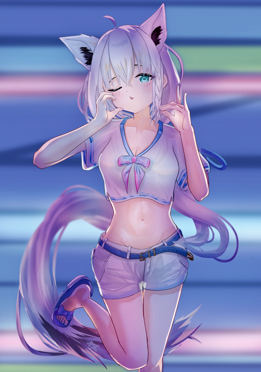 1girl absurdres ahoge animal_ear_fluff animal_ears belt blurry blurry_background braid breasts cleavage commentary_request crop_top earrings extra_ears fox_ears fox_girl fox_shadow_puppet fox_tail green_eyes hair_between_eyes highres hololive jewelry leg_up long_hair looking_at_viewer midriff navel one_eye_closed shirakami_fubuki shirt short_shorts short_sleeves shorts sidelocks single_braid slippers small_breasts tail virtual_youtuber white_hair white_shirt white_shorts zeroes_illust
