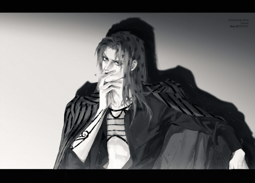 1boy artist_name black_jacket character_name cigarette diavolo drop_shadow english_text firepok fishnet_top fishnets greyscale head_tilt high_contrast holding holding_cigarette jacket jacket_on_shoulders jojo_no_kimyou_na_bouken letterboxed looking_at_viewer male_focus monochrome open_clothes open_jacket polka_dot polka_dot_hair smoking solo spotted_hair striped_clothes striped_jacket suit_jacket variant_set vento_aureo