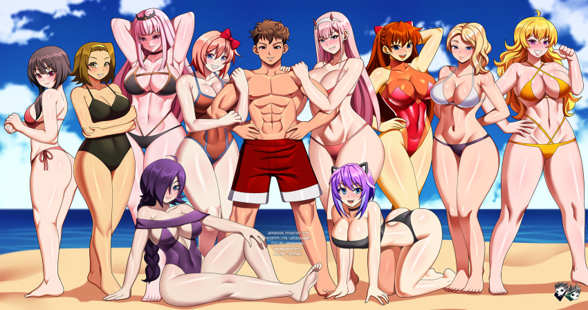 1boy 6+girls abs all_fours alternate_breast_size animal_ears arm_behind_head arm_hug armpits arms_behind_back arms_behind_head ass barefoot beach biceps bikini blue_sky blush braid breasts crossover curvy darling_in_the_franxx day doki_doki_literature_club double_arm_hug full_body grin gwen_stacy hair_over_one_eye hand_on_own_hip harem hetero highleg highleg_bikini highleg_one-piece_swimsuit highres hololive interface_headset_(evangelion) jadenkaiba k-on! kono_subarashii_sekai_ni_shukufuku_wo! large_breasts legs long_hair looking_at_viewer lowleg lowleg_bikini marvel megumin melody_(projektmelody) model_pose mori_calliope multicolored_hair multiple_girls naughty_face navel neon_genesis_evangelion ocean one-piece_swimsuit outdoors pimp projektmelody red_one-piece_swimsuit rwby sayori_(doki_doki_literature_club) shiny_clothes shiny_skin side-tie_bikini_bottom single_braid sitting sky smile souryuu_asuka_langley spider-man_(series) spider-verse swimsuit tainaka_ritsu thighs thong_bikini thong_one-piece_swimsuit toned twintails two-tone_hair virtual_youtuber vshojo wide_hips yang_xiao_long zero_two_(darling_in_the_franxx) zone-tan