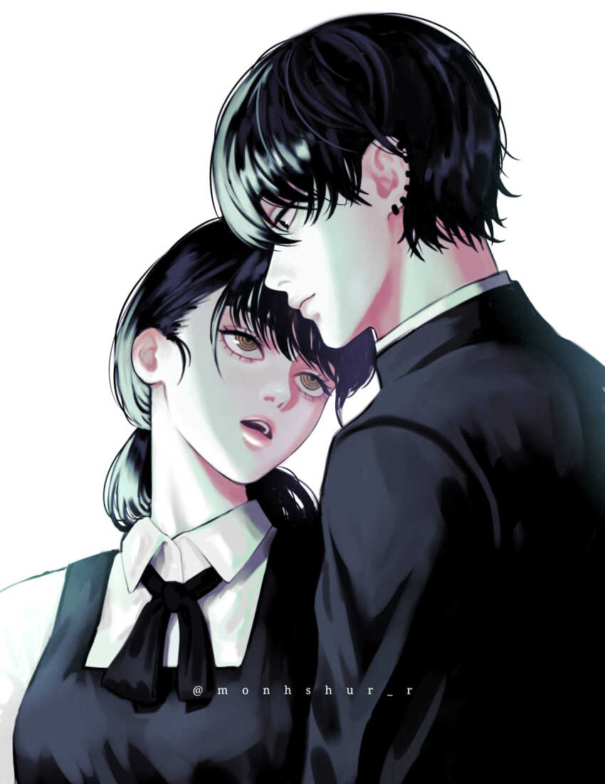 1boy 1girl black_hair breasts chainsaw_man commentary ear_piercing earrings facebook_username fourth_east_high_school_uniform gakuran head_tilt height_difference highres jewelry medium_breasts monhshur_r no_mole no_scar open_mouth piercing pink_lips ponytail ringed_eyes school_uniform yellow_eyes yoru_(chainsaw_man) yoshida_hirofumi