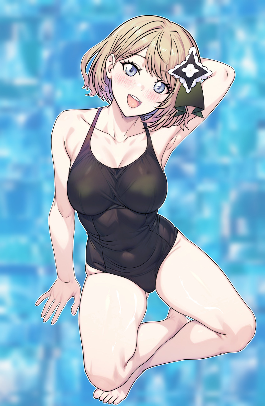 1girl :d absurdres arm_behind_head armpits bare_legs barefoot black_one-piece_swimsuit blonde_hair blurry blurry_background breasts cleavage cocorosot collarbone covered_navel eyelashes full_body grey_eyes hair_ornament happy head_tilt highres large_breasts nintendo one-piece_swimsuit open_mouth outline pokemon pokemon_masters_ex serena_(pokemon) serena_(sygna_suit)_(pokemon) short_hair smile solo swimsuit teeth toes upper_teeth_only