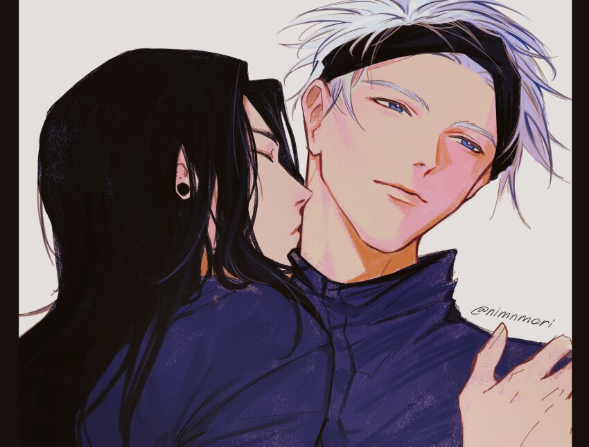 2boys black_border black_hair blindfold blindfold_lift blue_eyes blue_jacket border closed_eyes closed_mouth getou_suguru gojou_satoru hand_on_another&#039;s_shoulder highres jacket jujutsu_kaisen kiss kissing_neck long_hair male_focus multiple_boys pillarboxed plug_(piercing) short_hair twitter_username upper_body white_background white_hair yaoi yunomiuu