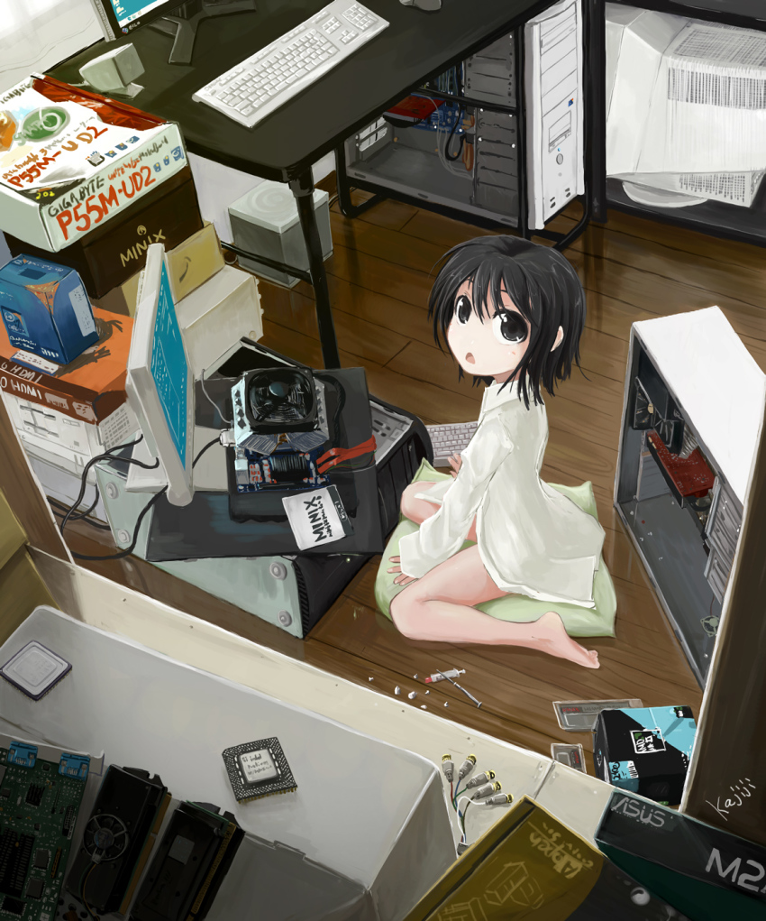 1girl artist_name asus black_eyes black_hair box cable collared_shirt commentary_request computer cpu crt desk full_body graphics_card hand_fan highres kajiji computer_keyboard looking_at_viewer monitor motherboard naked_shirt open_mouth original ram_(computer) screw screwdriver seiza shirt short_hair sitting sitting_on_pillow solo speaker white_shirt wooden_floor