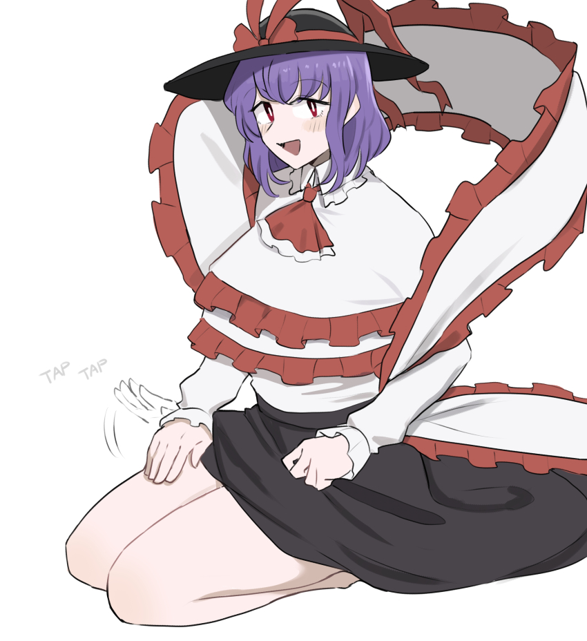 1girl black_hat black_skirt hat hat_ribbon highres looking_at_viewer mata_(matasoup) nagae_iku purple_hair red_eyes ribbon shirt simple_background skirt smile solo touhou white_background white_shirt