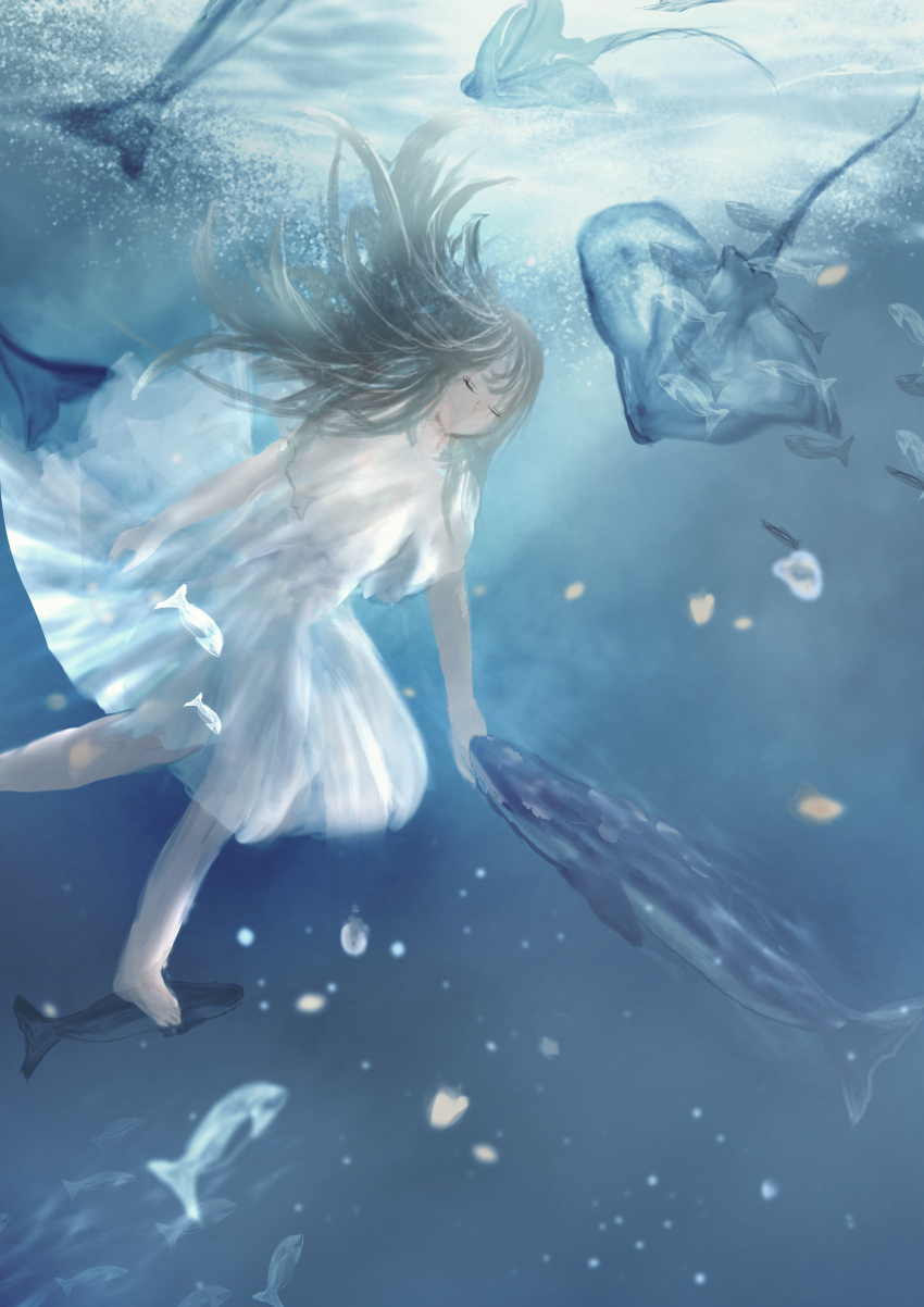 1girl absurdres air_bubble aquarium barefoot bubble cherry_blossoms closed_eyes dress falling_petals fish floating freediving glowing_motes highres holding_breath miho_illust original petals scenery sea_skate submerged surreal tropical_fish underwater white_dress
