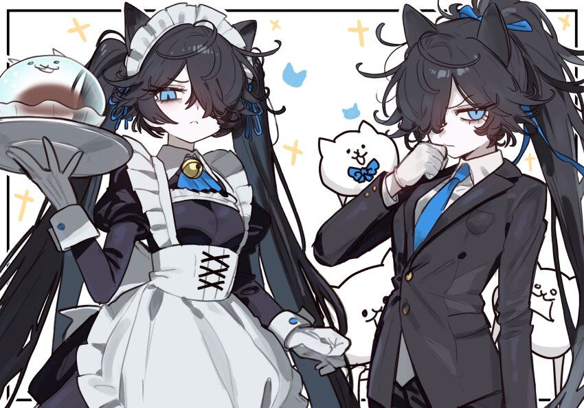 1girl animal_ears blue_eyes butler cat_ears dark_kasli_(nyanko_daisensou) ebora frown gloves highres holding holding_tray looking_at_viewer maid nyanko_daisensou one_eye_covered slit_pupils tray